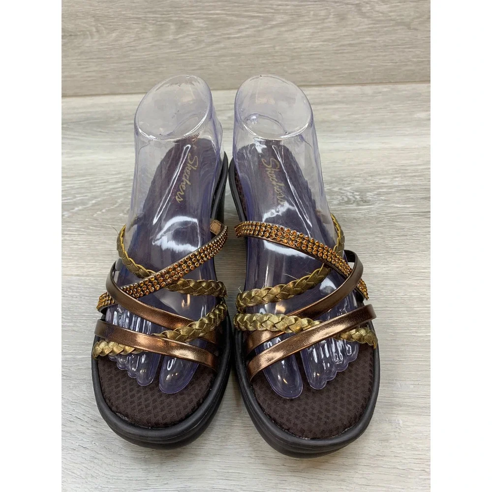 Skechers Cali Rumblers Bronze Metallic Rhinestone Wedge Sandals Women's 8 Shoes